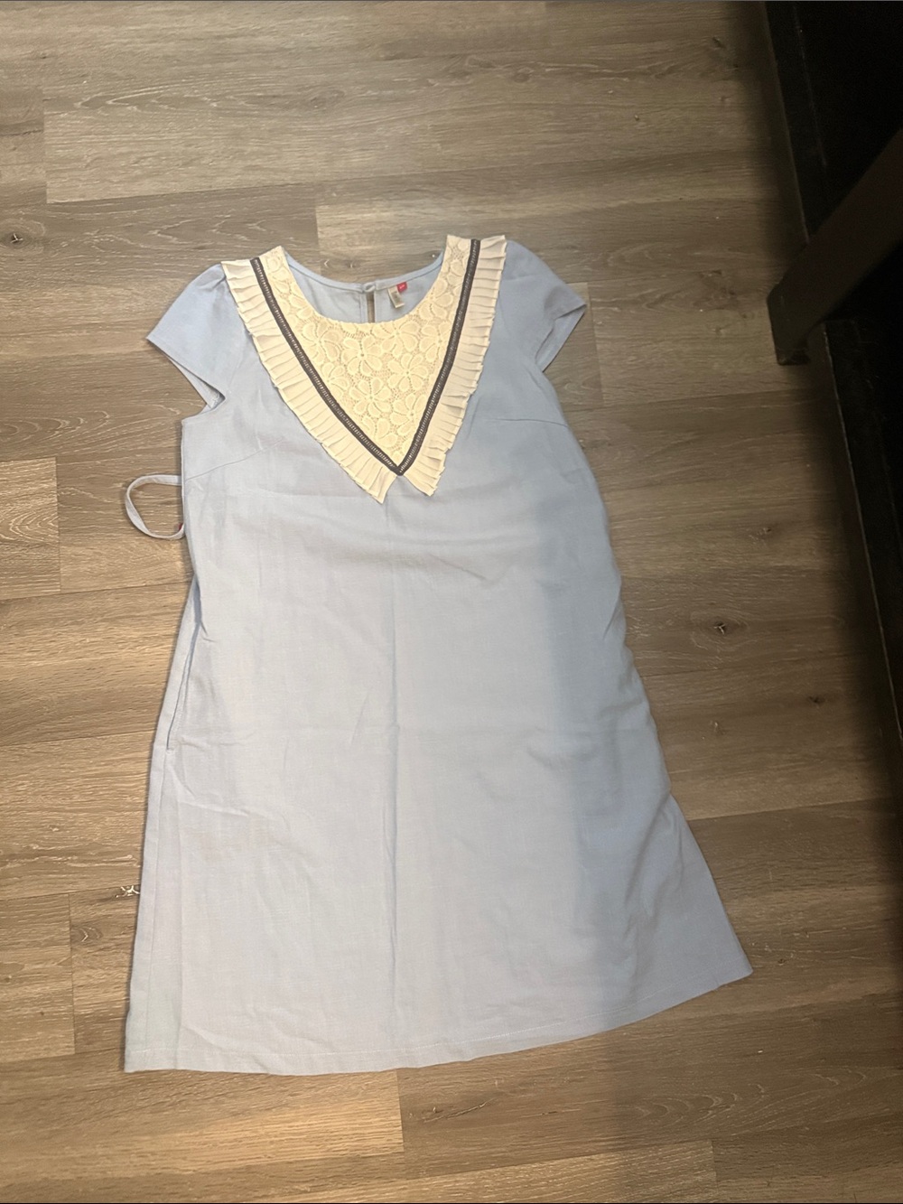 Light Blue Short Sleeve Dress with Cream Lace V-Detail